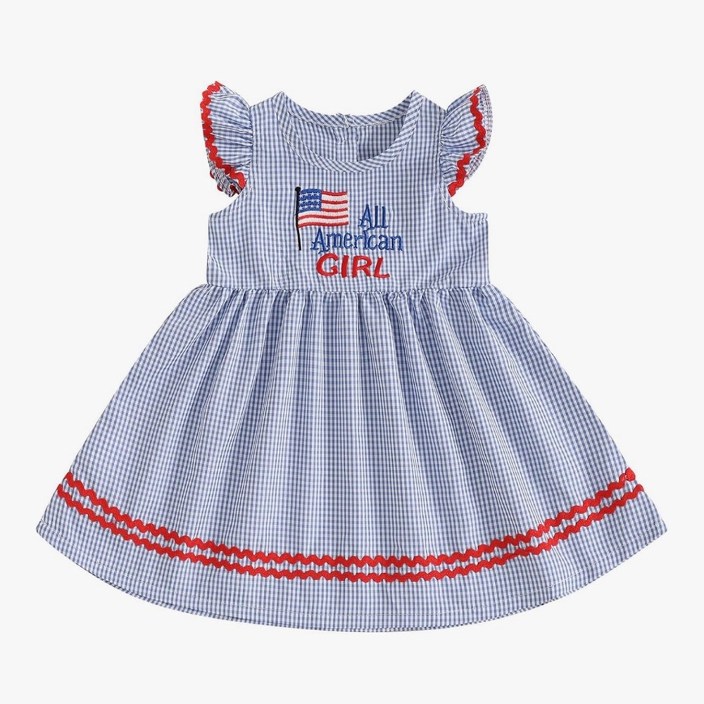 All American Girl Blue Gingham Dress with Red Trim